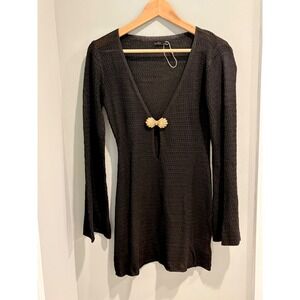 Cover Up MOTF Black Crochet Knit Gold Shell Detail Bell Sleeve Small NEW